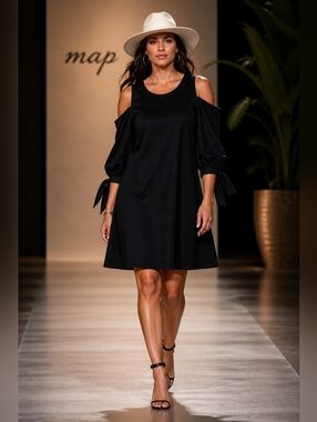 MAP-MEXICAN BOUTIQUE DESIGNER Black Cold-Shoulder ALine Tie-Sleeve